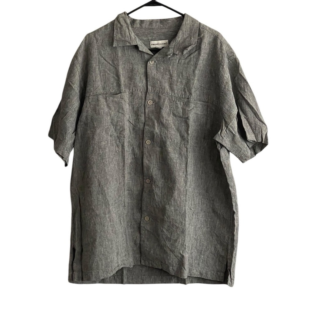 Pronto Uomo  Men's 100% Linen Shirt XL Gray Short Sleeve Button Relaxed Casual